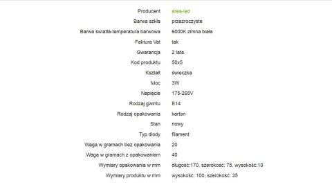 Żarówka LED bulb E14 3W 300lm 6000K biała zimna Żarówka LED bulb E14 3W 300lm 6000K biała zimna