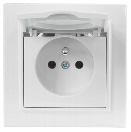 Gniazdo elektryczne kontakt pojedyncze białe ramka z uziemieniem z klapką