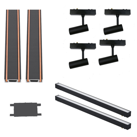 Oświetlenie szynowe magnetyczne 2x SZYNA 1m + 2x20W lampa liniowa + 4x7W reflektor + złączka neutralne światło Oświetlenie szynowe magnetyczne 2x SZYNA 1m + 2x20W lampa liniowa + 4x7W reflektor + złączka neutralne światło