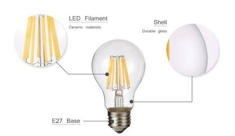 Żarówka vintage retro Edison Filament LED 8W A60 E27 6000K barwa zimna Żarówka vintage retro Edison Filament LED 8W A60 E27 6000K barwa zimna
