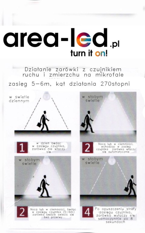 Żarówka LED bulb E27 z czujnikiem ruchu 9W 900lm 6500K biała zimna Żarówka LED bulb E27 z czujnikiem ruchu 9W 900lm 6500K biała zimna